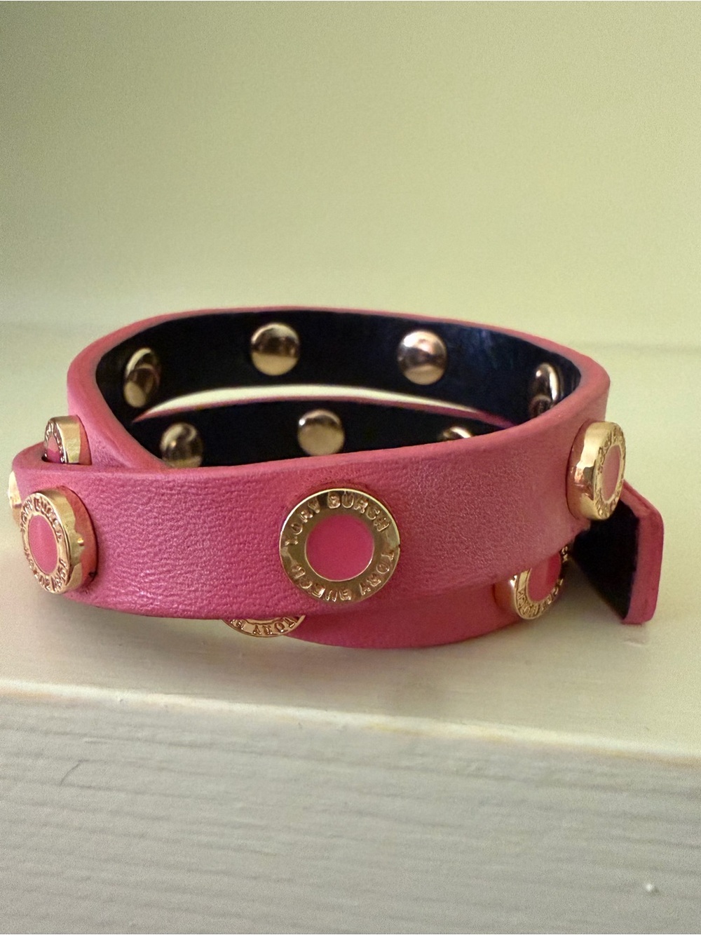 Tory Burch Pink Leather Stud Wrap Bracelet with Gold Accents
